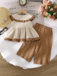 SHEIN 2-Piece Set Baby Girl Infant Toddler 0-3 Years Old Casual Daily Washed Cotton Big Peter Pan Collar Lapel Sleeveless Shirt Top Wide-Leg Pants Suit - Multicolor - View 2