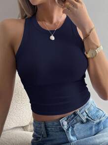 DAZY Women's Slim Fitted Solid Color Tank Top, Summer - Navy Blue - View 2