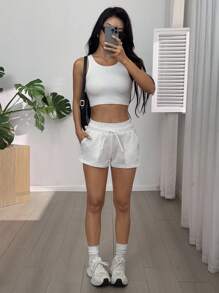 SHEIN EZwear 女式休闲纯色抽绳腰侧口袋短裤，夏季 - 白色 - 查看 5