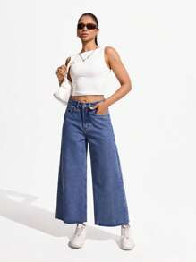 SHEIN Unity Casual Relaxed Fit Washed Wide Leg Jeans Y2k - Medium Wash - View 3