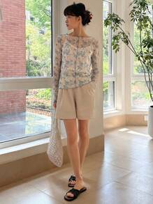 DAZY Floral Print Top-Stitching Mesh Top Sheer Long Sleeve Women Tops - White - View 6