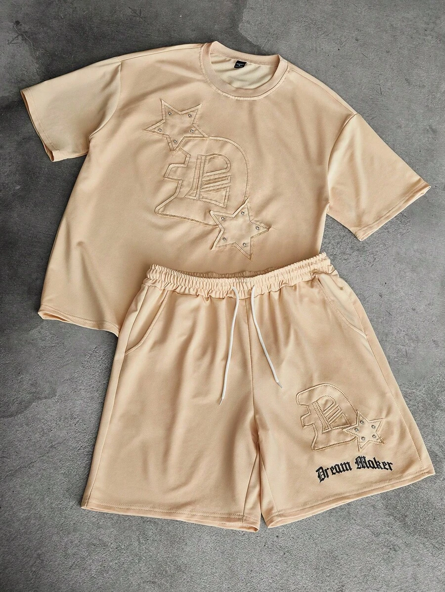 PAVTROS 男士街头风格 INS 匹配刺绣铆钉上衣和短裤两件套服装套装，适合作为男朋友/丈夫礼物，周年纪念礼物，休闲装，男士短裤套装，男士两件套短裤套装，男士图案短裤套装