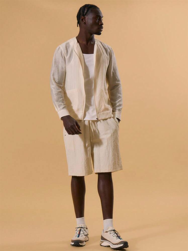 Musero Men Linen Zip Through Long Sleeve Jacket Front Pocket