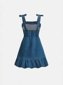 SHEIN Elladie kids Young Girl Versatile Vacation Casual Comfortable Adorable Fashion Elastic Waist Bow Denim Ruched Strap Sundress, Lightweight, Summer, Girls Ruffle Denim Dress Fall Winter - Dark Wash - View 2