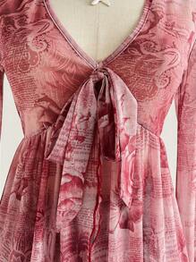 Soleia Women's Retro Newspaper Print V-Neck Front Tie Bow Flare Sleeve Asymmetric Ruffle Hem A-Line Top, Suitable For Vacation, Early Autumn, Party, Date, Afternoon Tea, Layering,Graphic Tops,Night Out  Going Out Tops,Back To School,Homecoming Vintage Blouse Shabby Chic Top Feminine Top Rose Print Blouse