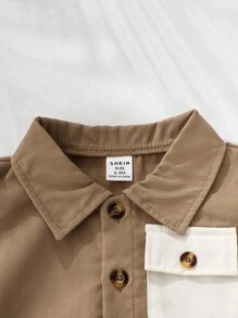 SHEIN 男婴拼色单排扣口袋休闲短袖衬衫上衣，夏季 - 卡其色 - 查看 7