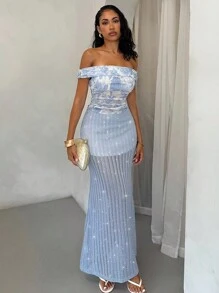 Glamine Rochie elegantă și romantică pentru femei, cu imprimeu floral, cu bustier și buzunar, din plasă, model sirenă cu sclipici, potrivită pentru vacanță, petrecere în grădină, bal, evenimente de seară, haine de toamnă pentru femei, înapoi la școală - Albastru - Vizualizare 5