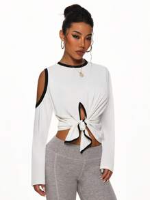 Easithlete Camiseta activa de manga larga con cuello de canalé y hombros recortados para mujer - Blanco y Negro - Ver 4