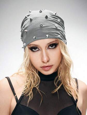 Grunge Punk 1pc Punk Rivet Beanie Hat, Y2K High Quality Vintage Solid Deep Gray Slouchy Cap, Daily & Seasonal Fashionable Hat