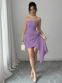 Elenzga 杏色露肩束腰 A 字型花卉优雅浪漫女士连衣裙，适合情人节穿着 - 淡紫色 - 查看 5