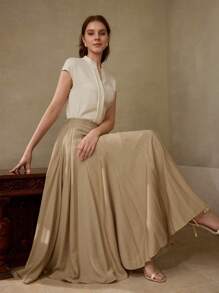 MOTF PREMIUM SOLID ZIPPER SIDE FLARE LONG SKIRT - Khaki - View 1