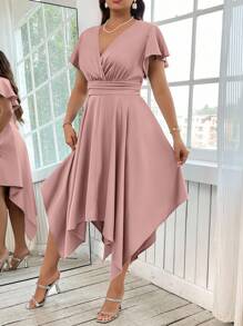 Reflora Đầm thanh lịch tay ngắn xếp nếp cổ chữ V màu trơn mùa hè cho nữ cỡ lớn - Màu Hồng baby - Xem 5