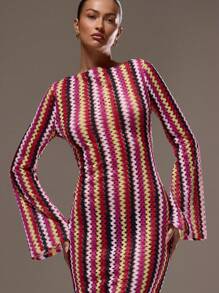 MUSERA 纹理条纹针织喇叭长裙，春夏度假波西米亚风，伊比沙岛优雅海滩可爱婚礼宾客优雅约会之夜秋夏季穿搭泳装度假长裙 - 紅色 - 查看 5