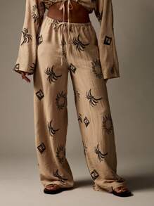 MISSGUIDED Bộ đồ phối hợp vải lanh thêu quần ống rộng cạp cao áo crop top tay bồng mặc đi nghỉ dưỡng họa tiết chống nắng lễ hội bãi biển mùa hè - Rượu sâm banh - Xem 5