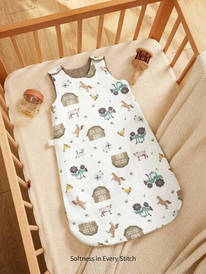 Cozy Pixies 1pc Nursery Cartoon Animal Farm Soft & Comfortable Khaki Muslin Sleeveless Newborn Baby Swaddle Sleep Sack