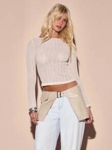 MUSERA Lightweight Knit Fitted Clasp Back Long Sleeve Top Summer Vacation Y2k 90's Streetstyle Cool Girl Festival Holiday Casual Airport Comfy Cute Spring - Cream - View 1