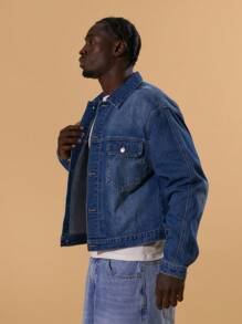 Musero Baggy Long Sleeve Boxy Washed Denim Jacket Front Pocket Button Up Detailing Spring Summer Vacation Streetstyle - Medium Wash - View 3