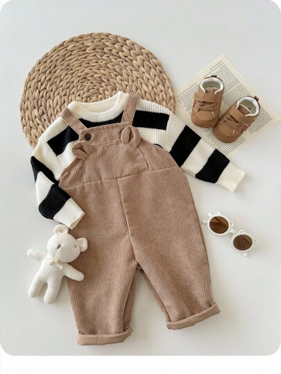 Newborn Baby Boy/Girl Casual Funny Academic All-Match Korean Corduroy Ribbed 3D Ear Animal Design Bib Pants Romper