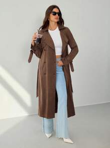 SHEIN Tall Women Casual & Commute Minimalist Elegant Long Trench Coat,Fall Women Clothes - Brown - View 1