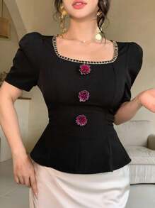 DAZY Blusa de manga corta elegante y entallada con decoración floral de lentejuelas, con volantes en el bajo, adecuada para fiestas, bodas, graduaciones, verano - Negro - Ver 10