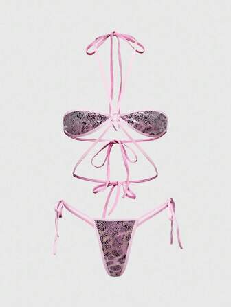 J-Fashion Y2K Retro Sexy Snake Skin Lace-Up Crop Top & Panty Set For Women