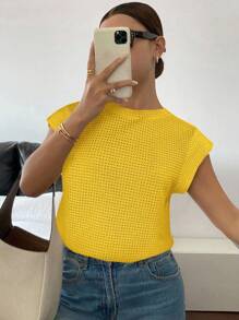 SHEIN Essnce 女式纯色华夫格蝙蝠短袖休闲T恤，夏季 - 黃色 - 查看 5