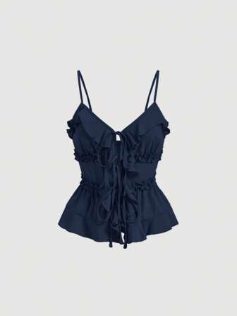 SHEIN MOD Summer Navy Bodycon Ruffle Cup Wireless Bralette With Front Knot And Back Straps