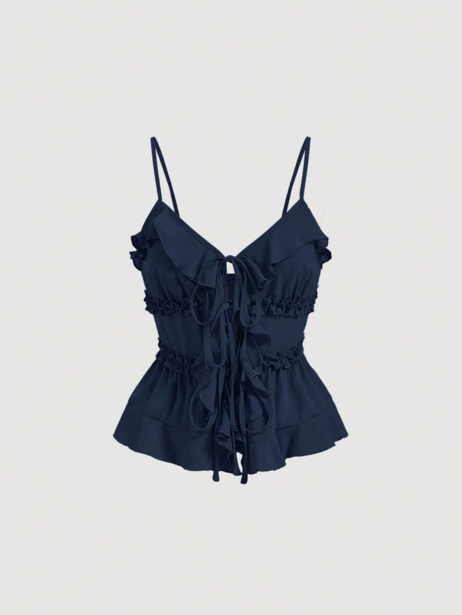 SHEIN MOD Summer Navy Bodycon Ruffle Cup Wireless Bralette With Front Knot And Back Straps - Navy Blue - View 1