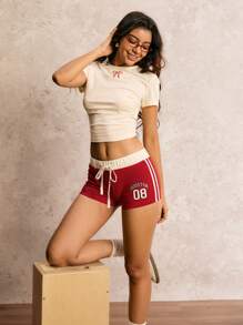 Easelle 字母印花运动休闲户外夏季抽绳女式短裤 - 紅色 - 查看 11