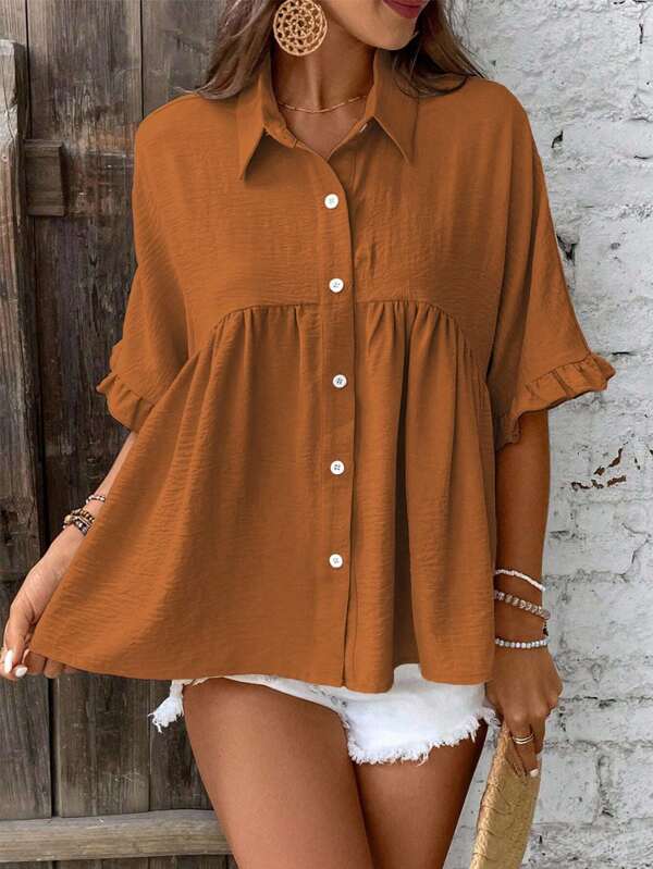 Breezaya Women's Casual Simple Solid Color Flounce Sleeve Loose Blouse, Summer
