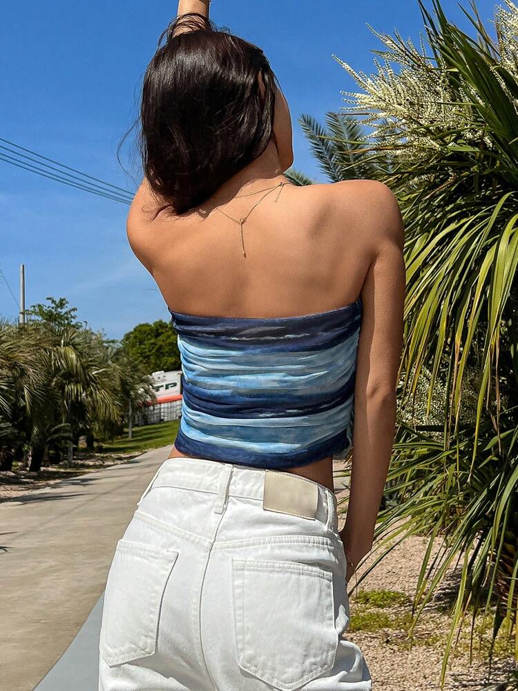 Tie Dye Ruched Tube Top,Crop Tops Women Sexy Women Tops Going Out Tops