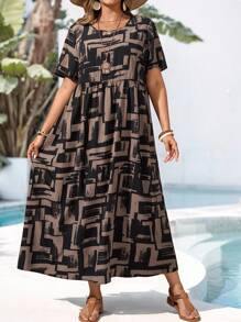 EMERY ROSE Robe décontractée à col rond et manches courtes avec imprimé géométrique pour femmes en grande taille