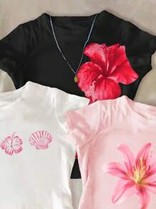 SHEIN 3 件套青少年女孩修身休闲简约 T 恤，舒适圆领长款短袖 T 恤，适合夏季，夏季图案 T 恤，女童婴儿 T 恤，夏季女孩沙滩 T 恤，女孩花朵衬衫，芙蓉 T 恤，学校，校园，大学 - 彩色 - 查看 5