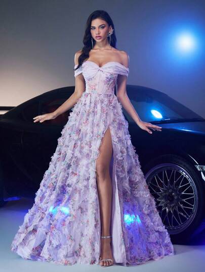 Glamrae 优雅多色浪漫薄纱 3D 花卉印花露肩高开衩长裙，透明覆盖 A 字晚礼服