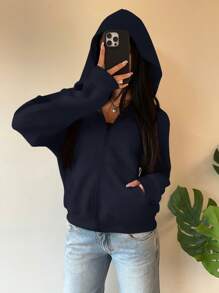 SHEIN EZwear 秋冬海军蓝针织连帽女式卫衣 - 藏蓝色 - 查看 4