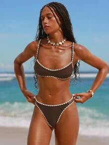 Swim Vcay Women Summer Solid Crochet Scallop Trim Micro Bikini Vacation Bikini Set - Coffee Brown - View 5