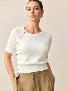 BizChic Women's Solid Color Round Neck Short Sleeve Single-Breasted Knit Top, Urban Commute Business Casual Basic Blouse, Elegant Outerwear In Fall/Winter - White - View 6