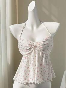 Elamini 黄色碎花镂空V领性感露背短款吊带背心，可爱甜美，春夏 - 彩色 - 查看 4