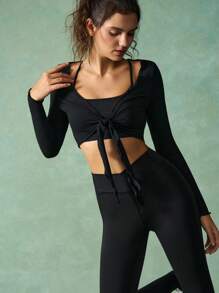VARSIVA Conjunto de mujer de top corto de tirantes de unicolor y pantalones de manga larga para hacer ejercicio - Negro - Ver 9