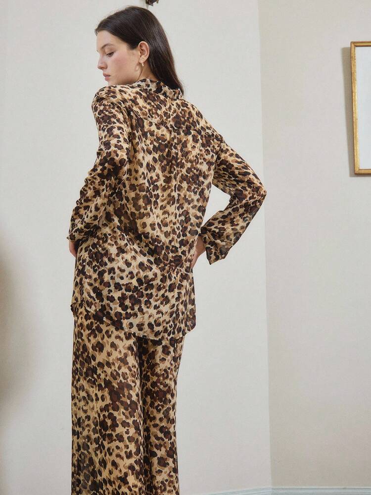 Oversized Loose Fit Leopard Print Top And Tie Waist Wide Leg Trouser Pajamas Set Spring Summer, Fall Clothes