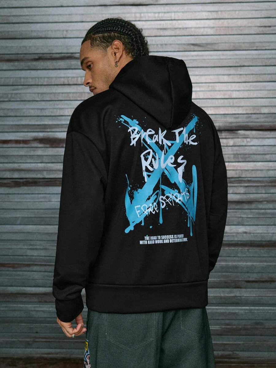 AXEPEAK 秋冬款男士超大号标语图案长袖休闲连帽衫 - 黑色 - 查看 1