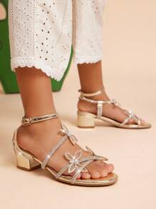 Mini mi 水晶镶嵌 3D 蝴蝶水钻粗跟香槟色礼服凉鞋|公主角色扮演高跟鞋 - 香檳色 - 查看 2