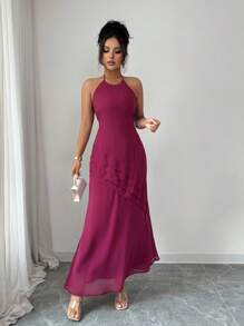 Rafferiza Đầm dài mỏng thiết kế xếp nếp cổ yếm thanh lịch cho nữ dùng cho dạ hội - Red Plum - Xem 5