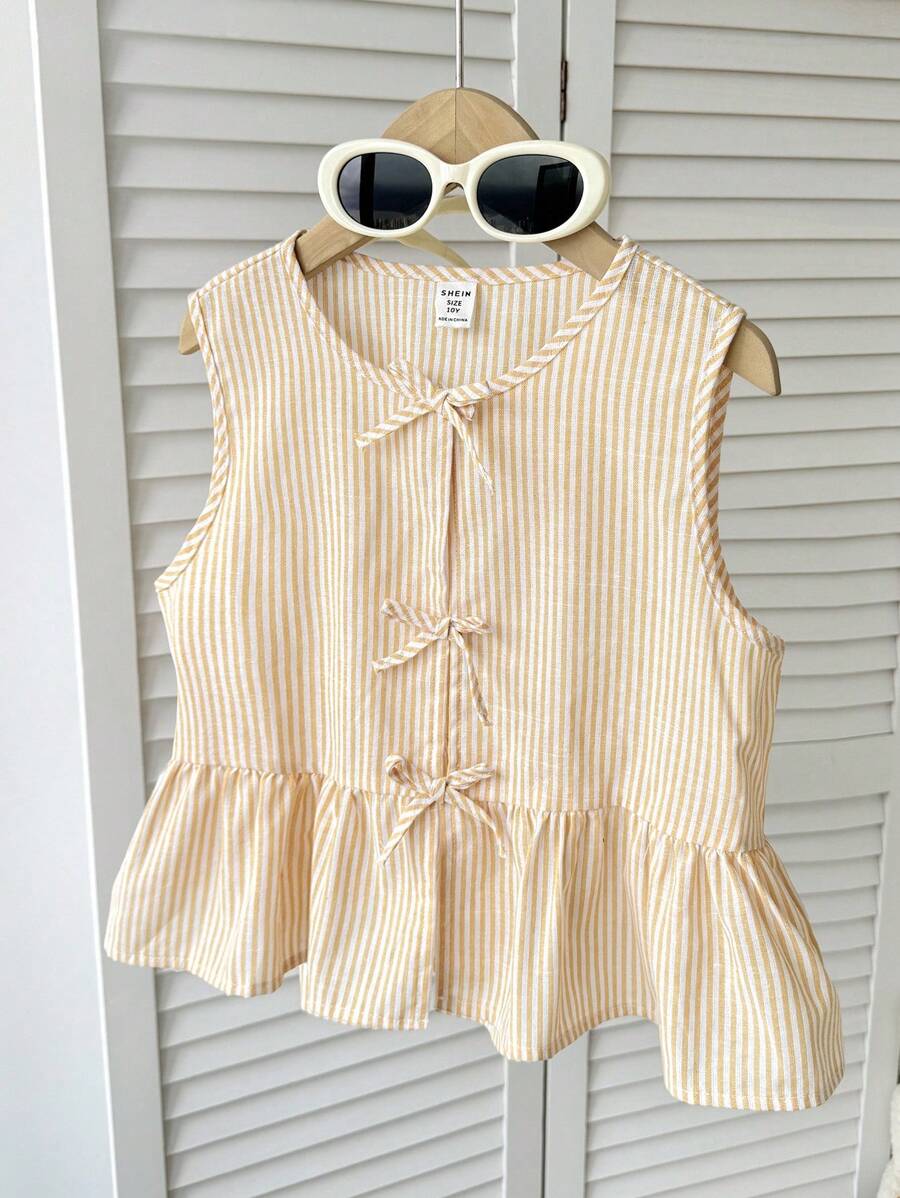 SHEIN Tween Girls Casual Everyday Striped Bow Decor Ruffle Hem Sleeveless Top - Yellow - View 1