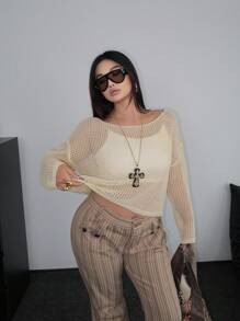 POPSWAY 1pc Women's Plus Casual Loose Comfortable Hollow Out Vacation Sweater Knit Pullover Fall Winter Autumn - Yellow - View 4