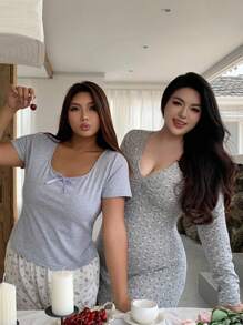 Dazy Plus 大码女式碎花修身V领褶皱长款睡裙睡衣，秋冬款 - 灰色 - 查看 8