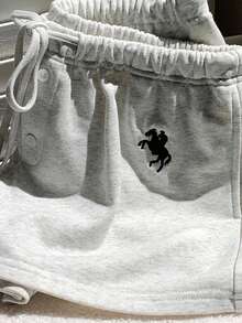 Comfortcana 大码女式骑士印花抽绳腰纽扣设计短裤女式休闲短裤 - 灰色 - 查看 8