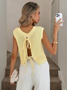 Easowa 秋季女装 奶油黄色针织背心，可双面穿，后系带 黄色针织上衣 女式针织上衣 浅黄色针织上衣 可爱黄色上衣 夏季针织上衣 返校 秋季女式毛衣 秋季毛衣 女式毛衣 针织毛衣 可爱上衣 学校 冬季上衣