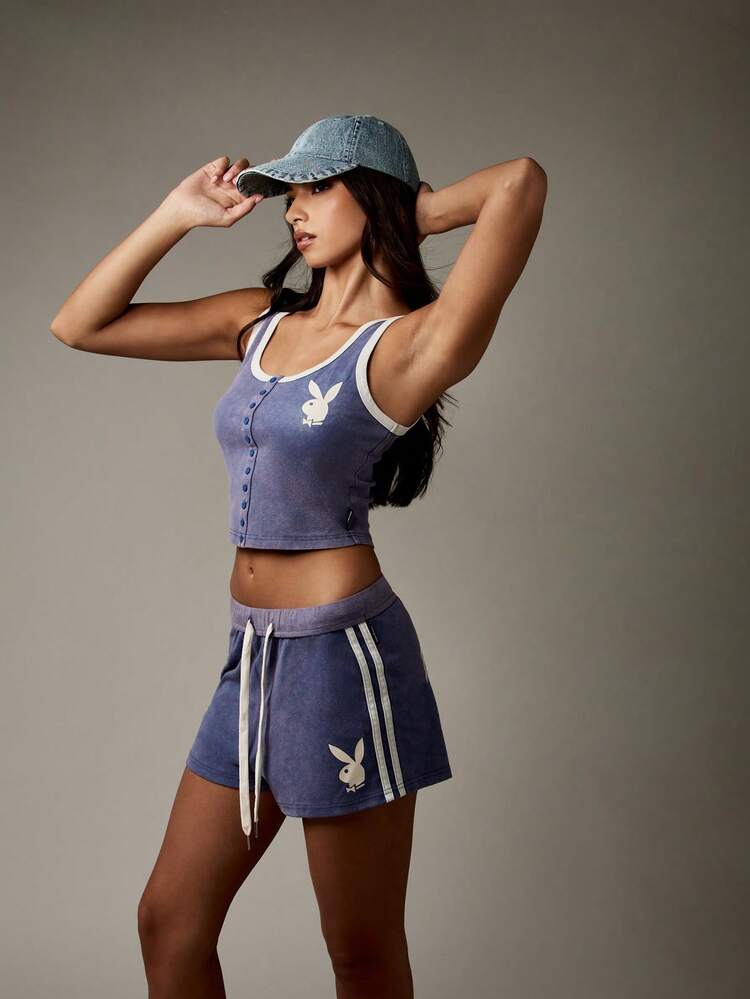 Missguided x Playboy Lounge French Terry Cotton Blend High Waist Mid Thigh Shorts Cozy Leisure Bottoms Drawstring Summer Spring Casual Comfort Daily Wear
