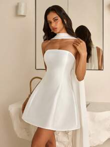 Vowa Elegant, Luxurious, Romantic, Simple, Magnificent, Court Style, White, Satin, Off-Shoulder, A-Line Maxi Skirt, Ribbon, Belt-Tied Waist, Suitable For Bachelorette Party, Wedding, Graduation Ceremony, Vacation, Bridal Shower Dress - White - View 5